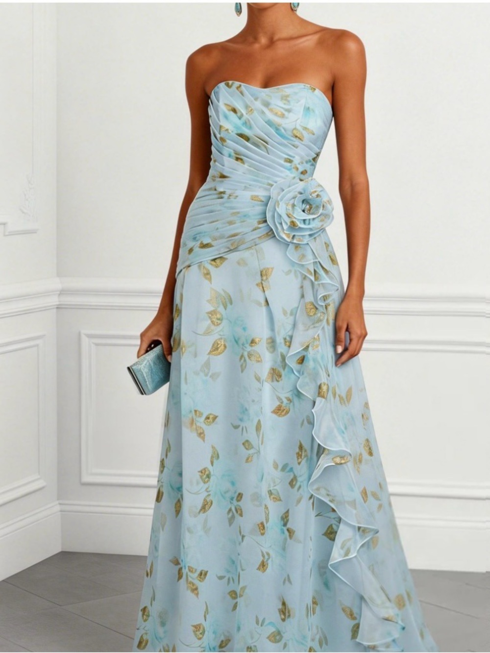 Strapless Light Blue and light pink Floral Ruffle Gown with Rosette Waist